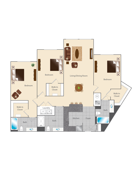 Floor plan for 3 beds, 3 baths, 1621 sqft